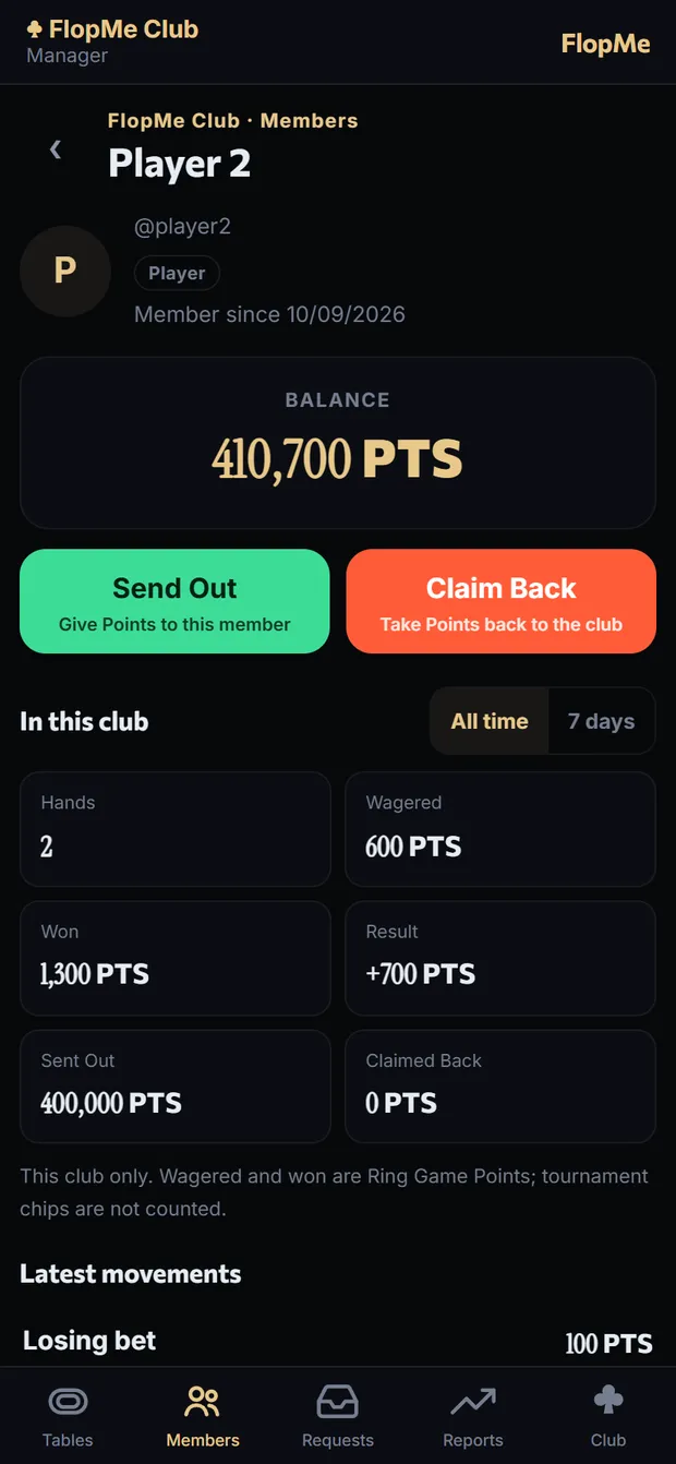 Member card: Send Out · Claim Back