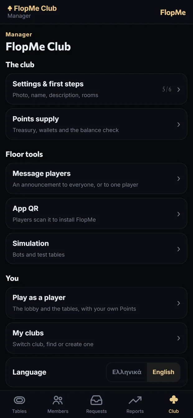 Club settings and floor tools